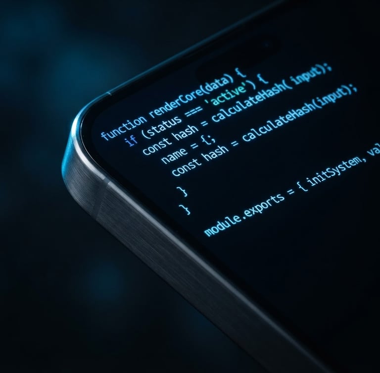 Macro close-up of a premium sleek smartphone displaying high-contrast cyber blue code on a dark screen, moody low-key studio lighting with sharp metallic edge highlights, ultra-sharp focus