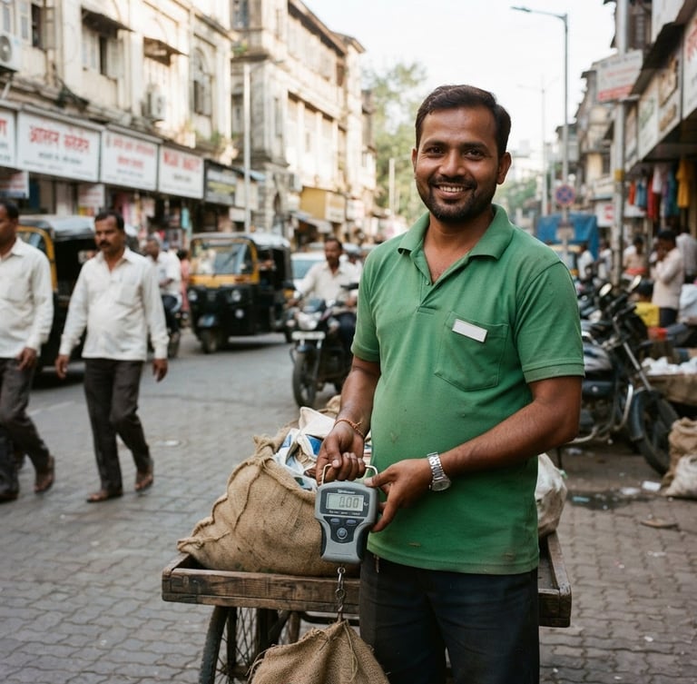 A friendly, uniformed collector in a clean green polo shirt holding a digital weighing scale in bright, natural outdoor daylight, Mumbai street background, sharp focus, 35mm lens.