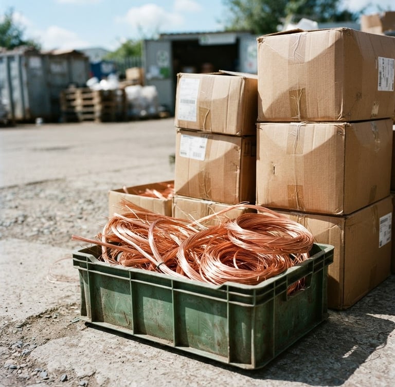 A close-up shot of clean, sorted copper wire and stacked cardboard boxes in a bright, sunlit outdoor courtyard, sharp focus, documentary style, 35mm lens.