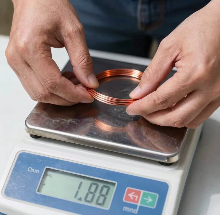 Close-up of hands placing sorted copper wire onto a clean digital scale readout showing precise kilograms, bright daylight, sharp focus, documentary style.