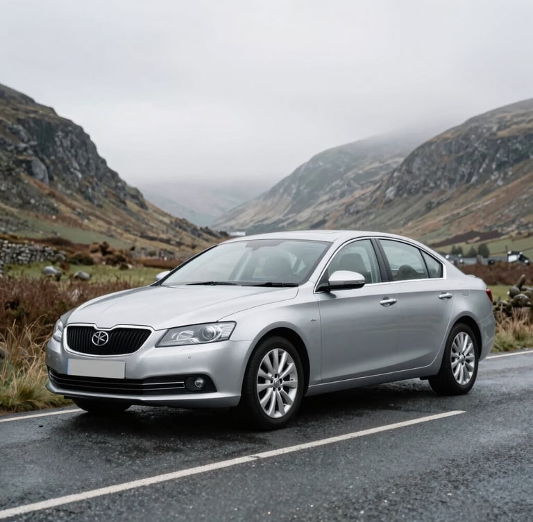 A clean silver executive saloon parked on a quiet Welsh valley road during bright overcast daylight, sharp focus, 35mm