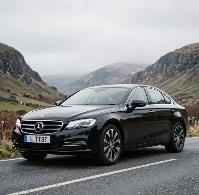 A clean black executive saloon car parked on a scenic Welsh valley road under bright overcast daylight, sharp focus, 35mm