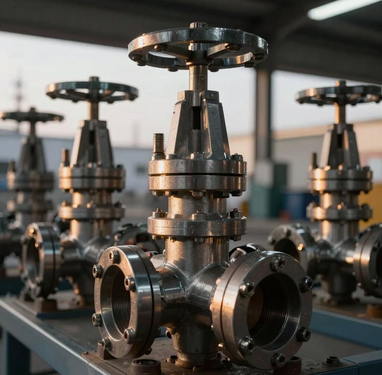 Close-up macro shot of high-spec steel valves and industrial rigging equipment in a warehouse, dramatic industrial indoor lighting with warm golden-hour highlights on metal surfaces.