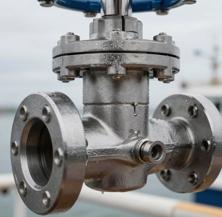 Close-up macro shot of high-spec stainless steel industrial valves and heavy-duty flange connections, overcast daylight, cool steel tones with high-contrast details