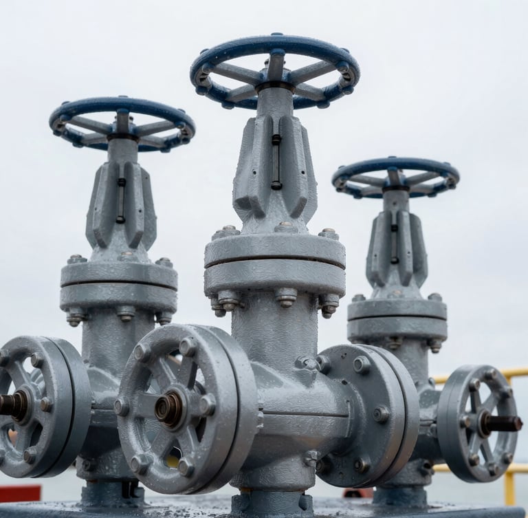 Sharp close-up of heavy industrial steel valves and rigging cables on a vessel deck, cool steel tones, overcast daylight, high-contrast crisp details
