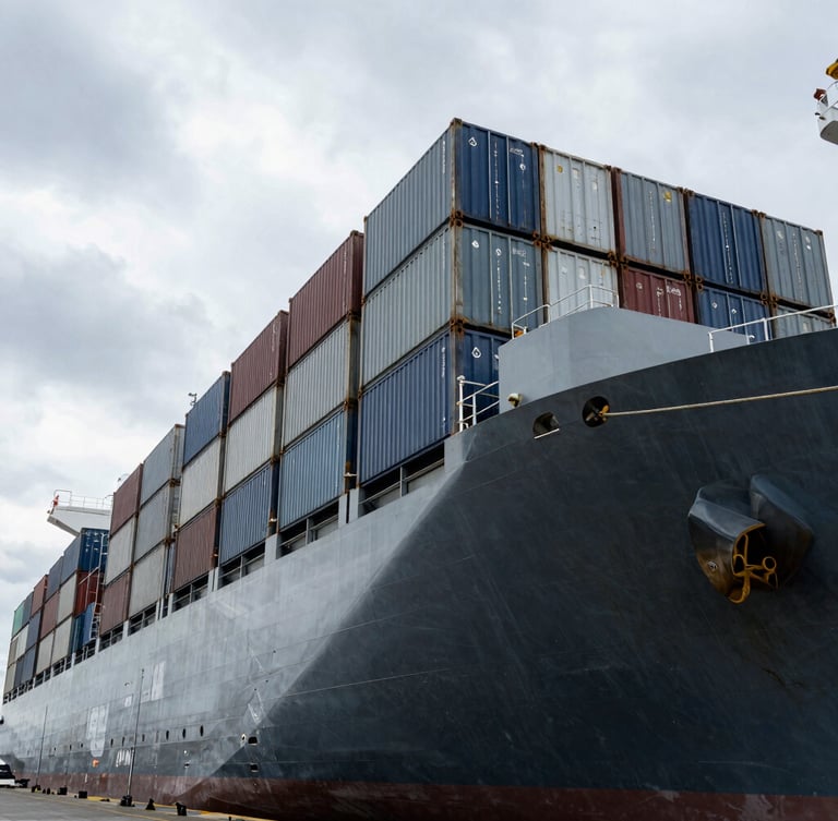 Low-angle powerful perspective of a container ship docked at a modern industrial port, cool steel tones, overcast daylight, high-contrast crisp details, 35mm architectural lens.