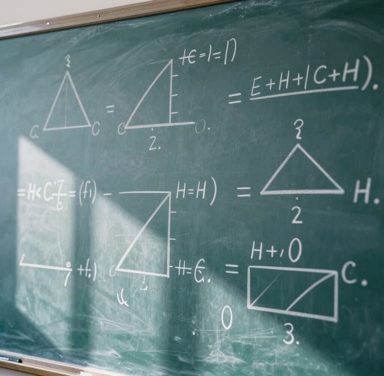 A close-up shot of a physical blackboard covered in complex geometric proofs and hand-written algebraic equations, soft natural classroom light casting clean shadows, 35mm editorial style.