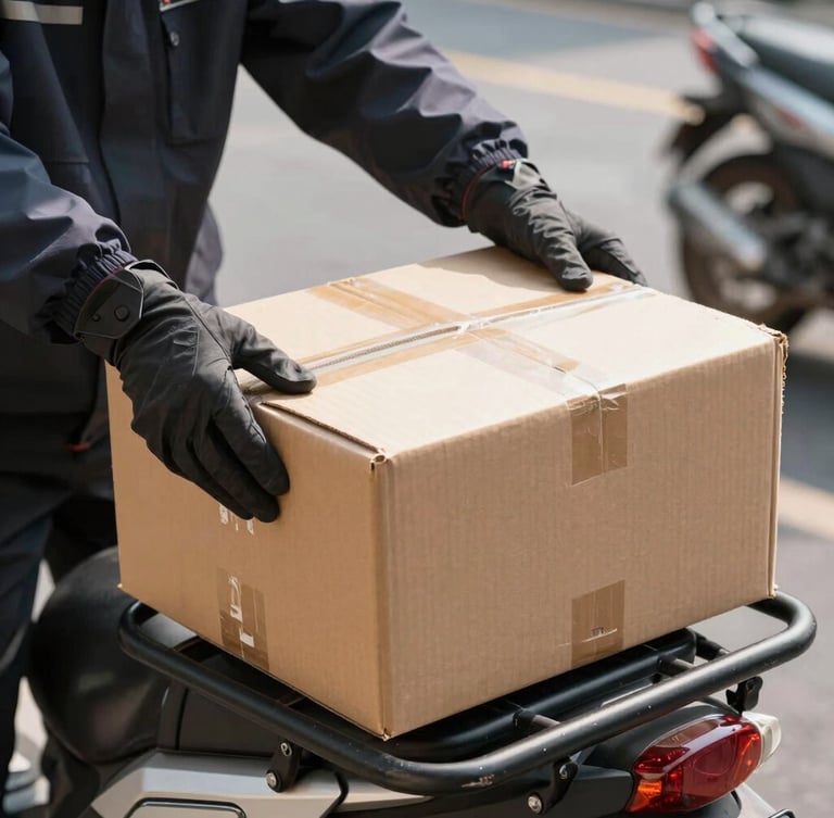 Close-up of hands in protective gear securing a clean cardboard package on a motorcycle cargo rack, bright daylight, high contrast, 35mm lens