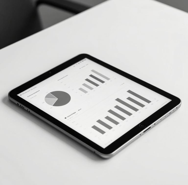 minimalist black and white photography, sharp studio lighting, high contrast, close-up of a modern tablet displaying clean data analytics graphs on a white desk, professional editorial style, 35mm lens
