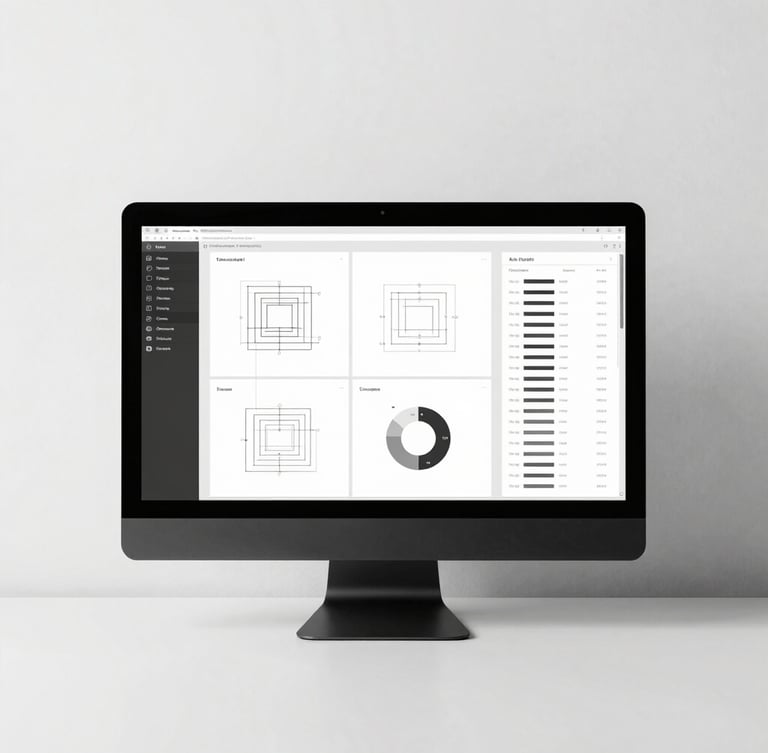 minimalist black and white photography, high contrast, a professional designer workspace with a clean monitor showing vector wireframes and analytics dashboards, sharp studio lighting, 35mm