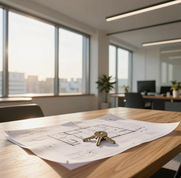 Bright and clean modern office interior, natural sunlight streaming through large windows, a wooden table with architectural blueprints and keys, professional atmosphere, sharp focus