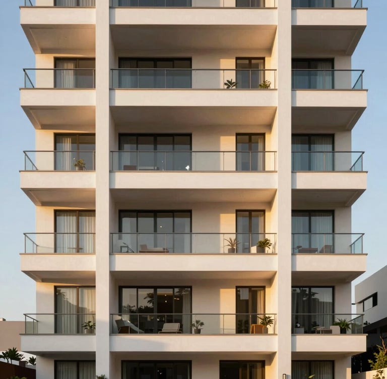 Bright modern architectural facade of a luxury residential building in Monterrey, sharp focus, natural golden hour sunlight, 35mm lens