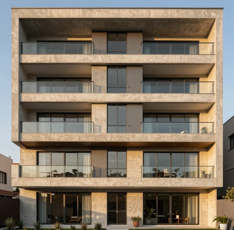 Wide shot of a modern architectural residential facade in Monterrey, clean concrete and glass lines, warm golden hour daylight reflecting on windows, sharp focus, 35mm lens