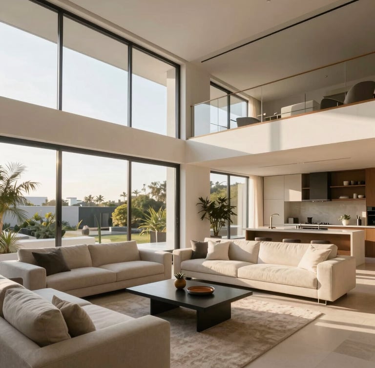 Bright modern residential apartment interior in San Pedro Garza Garcia, natural sunlight pouring through large windows, high-end minimalist furniture, architectural photography, 35mm lens