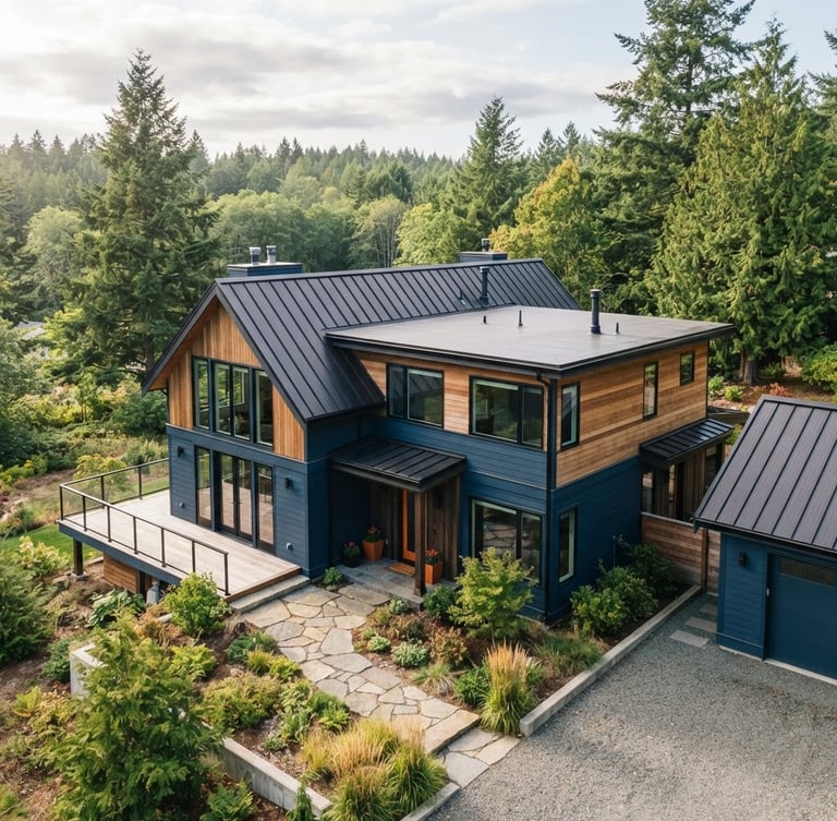 High-angle shot of a modern cottage with dark metal tile roof under soft daylight, professional construction photography, 35mm
