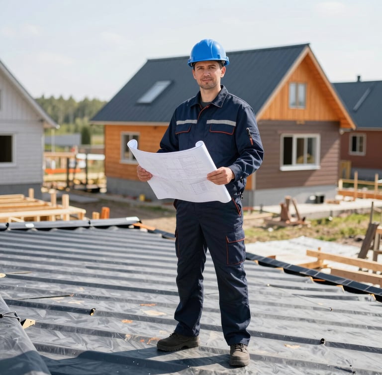 Professional roofing engineer in clean branded navy uniform holding blueprints on a modern cottage construction site in Tyumen, bright natural daylight, 35mm