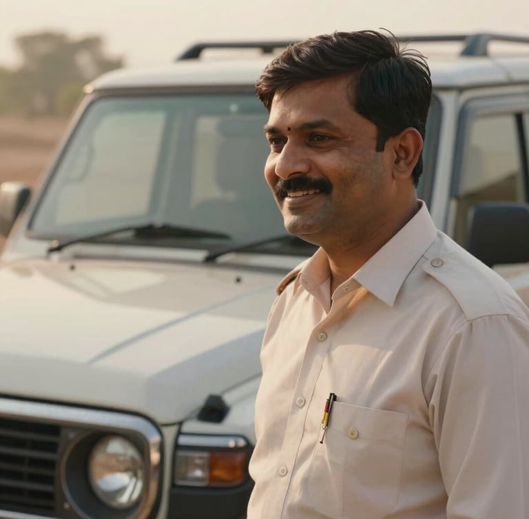 Close-up of a professional Indian chauffeur-guide in a crisp light uniform, smiling warmly next to a luxury SUV, soft morning light, shallow depth of field.