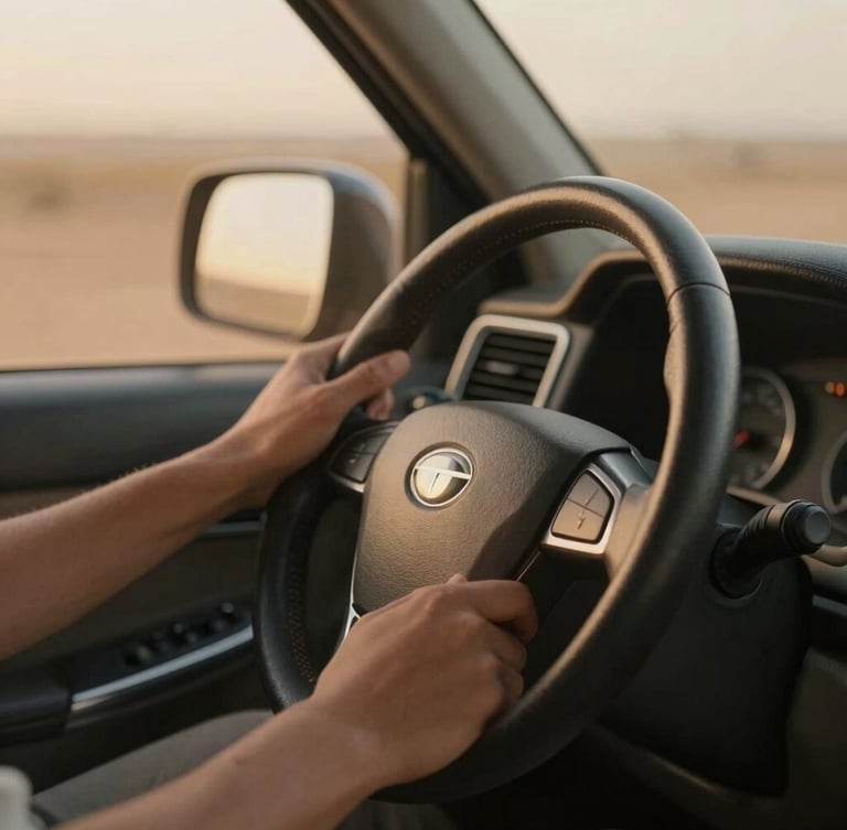 Close-up of hands on a steering wheel of a luxury vehicle, warm golden afternoon haze, cinematic depth of field