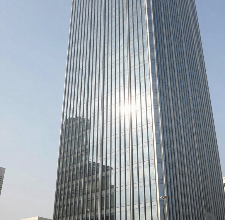 Wide architectural crop of a modern Dubai business tower glass facade reflecting the bright morning sun, clean corporate lines, negative space on the left, 35mm professional photography