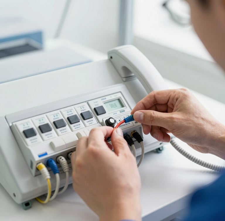 Close-up of a certified technician's hands carefully wiring a modern nurse call master console, clean organized cabling, bright natural indoor lighting, 35mm