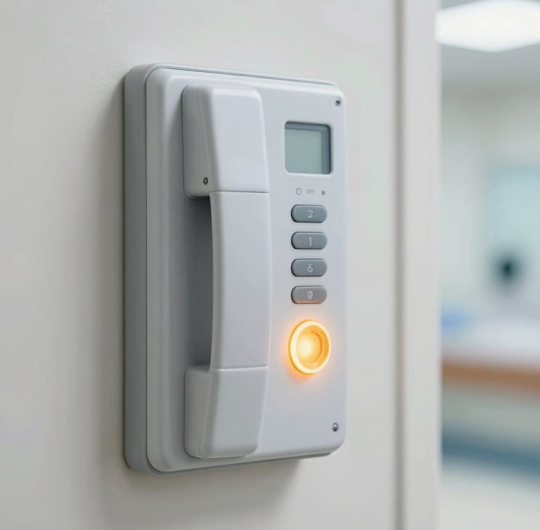 Close-up of a clean, modern nurse call wall console with glowing amber call button, mounted on a clinical corridor wall, sharp focus, technical detail.