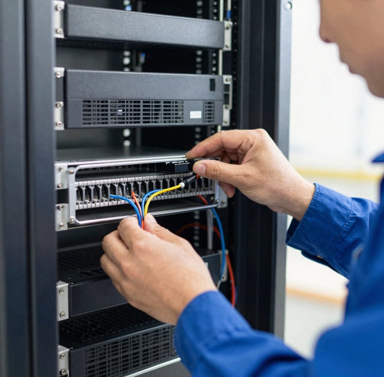 Close-up of a professional technician in a blue uniform wiring a clean commercial data rack, bright natural indoor lighting, sharp focus on technical details, 35mm