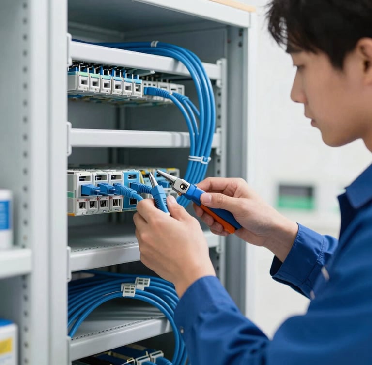 A professional local technician in a clean uniform carefully organizing blue Cat6 cables in a bright, tidy wiring closet, bright natural daylight, sharp focus on the hands and precision tools, realistic colors, 35mm