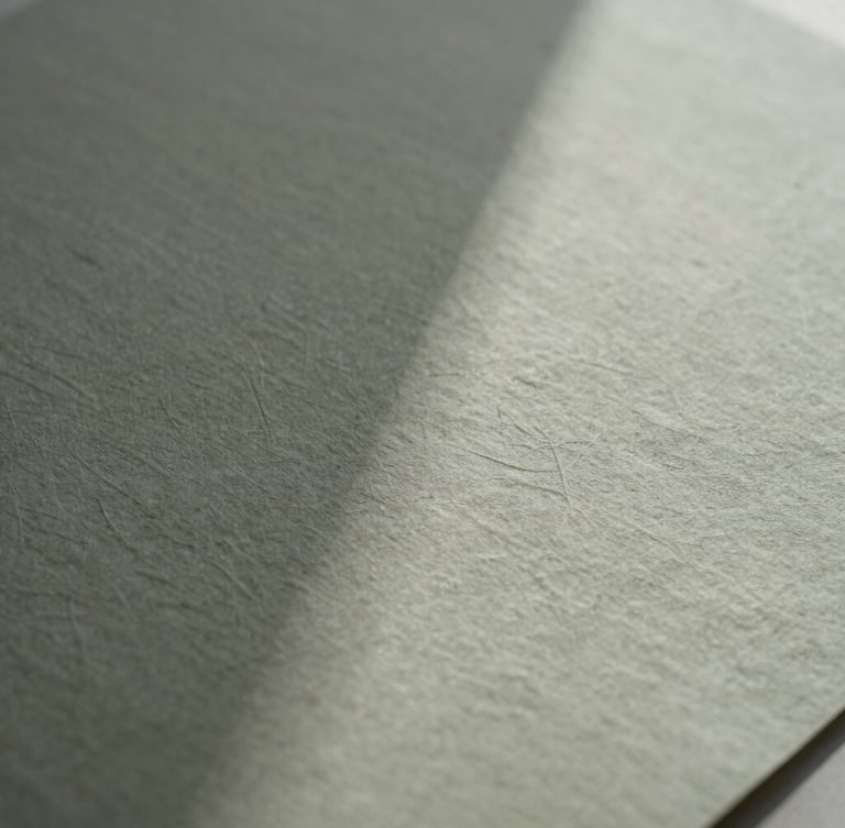 Tactile macro shot of hand-pressed heavy cotton paper with blind debossing, soft side daylight casting long delicate shadows, muted olive and ash gray tones, minimalist editorial photography, 35mm.