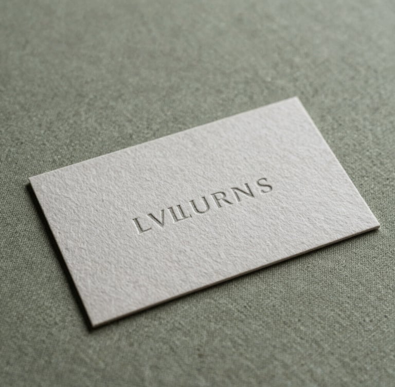 A close-up of beautifully embossed heavy cotton paper business cards with minimalist typography, resting on a soft olive green linen surface.