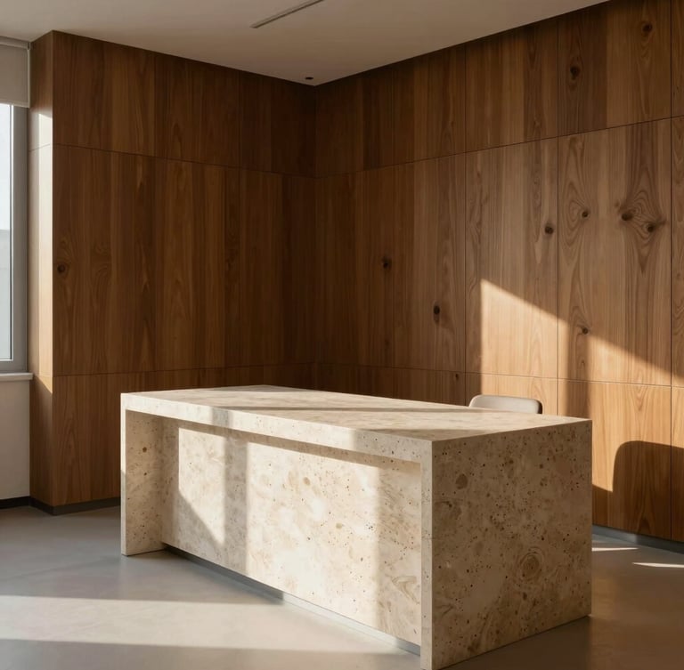 Wide-angle architectural view of a minimalist modern clinical consultation room, warm side-lighting casting long shadows, travertine stone desk, dark oak paneling.