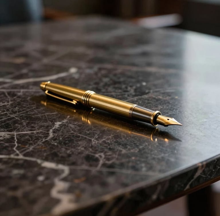 Close-up architectural detail of a dark marble boardroom table, soft golden side-light reflecting off a heavy brass fountain pen.