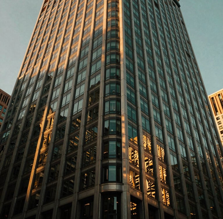Wide low-angle architectural shot of a modern Chicago high-rise facade at golden hour, deep green tinted glass reflecting warm gold light, dramatic shadows.