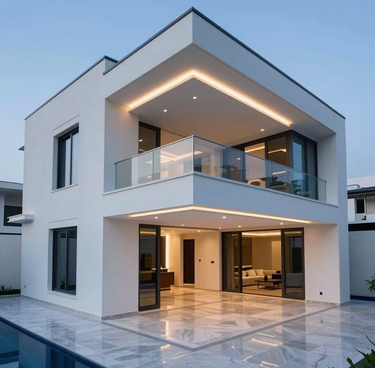 High-angle architectural photograph of a pristine, completed luxury villa interior in Dubai, featuring suspended gypsum ceilings with integrated warm lighting, clean lines, and polished flooring.