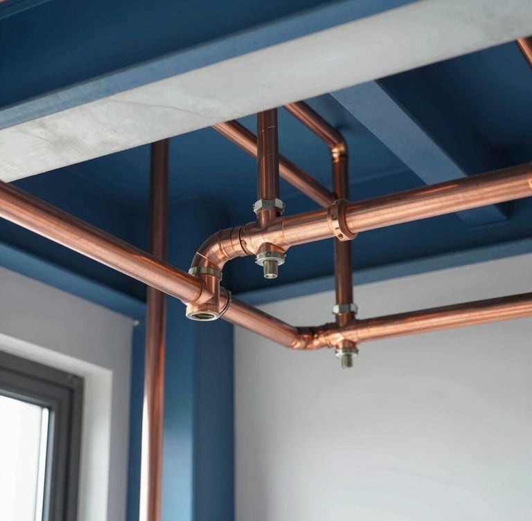 Macro detail shot of clean, precise copper pipework and organized HVAC ducting installations in a modern building utility room, bright crisp daylight, professional engineering precision, editorial 35mm