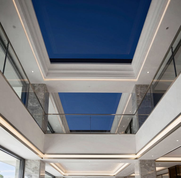 A crisp vertical architectural shot of a luxury Dubai villa interior, showcasing a flawless suspended gypsum ceiling with integrated modern lighting, clean lines, and premium finishes, daytime.