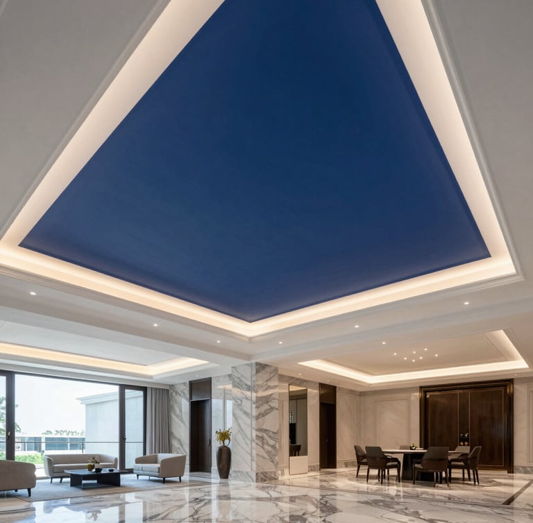 Pristine completed luxury villa interior in Dubai, showcasing flawless suspended gypsum ceiling with crisp geometric lines, warm recessed LED lighting, and polished marble flooring, bright architectural lighting, editorial 35mm