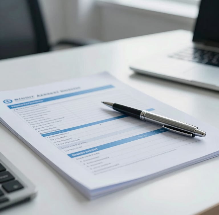 A clean, bright office desk with professional accounting documents, a pen resting on a structured assessment form, soft natural daylight, shallow depth of field, blue tones.