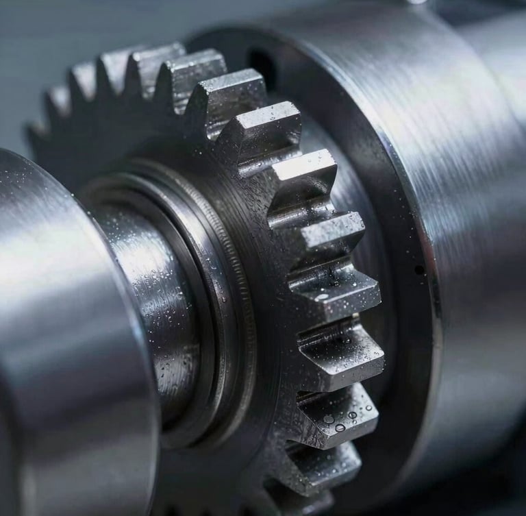 Extreme close-up macro photography of a high-precision mechanical linkage and drive gear, clinical cool lighting highlighting metallic textures and micron-level tolerances