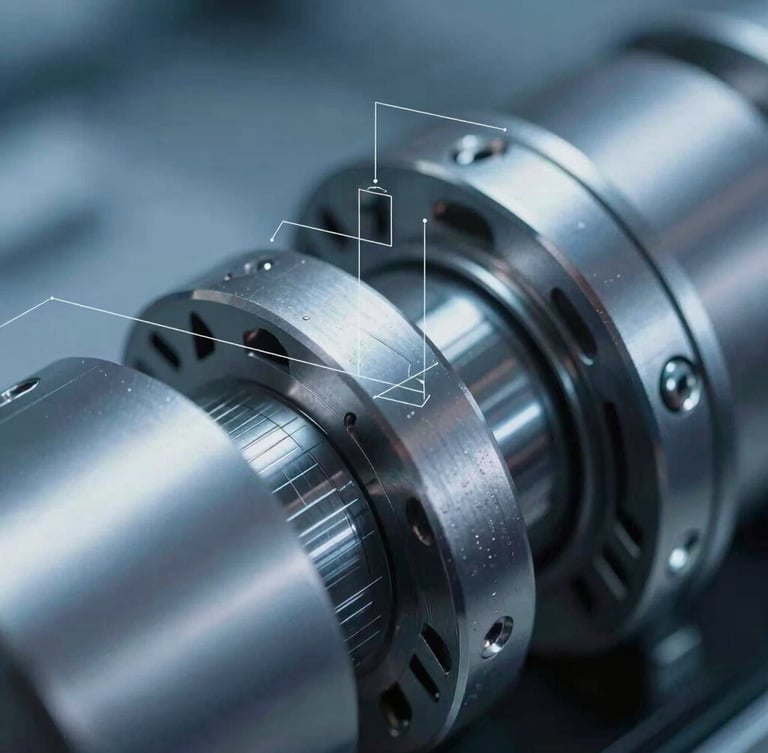 Extreme close-up of a high-precision mechanical linkage, cool clinical blue-gray light reflecting off metallic tolerances, sharp focus, technical schematic overlay lines
