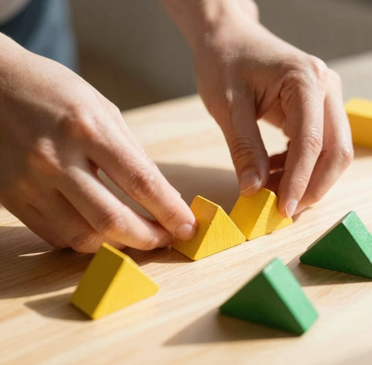 A close-up of hands arranging yellow and green triangular wooden blocks on a clean table, warm natural sunlight, shallow depth of field.