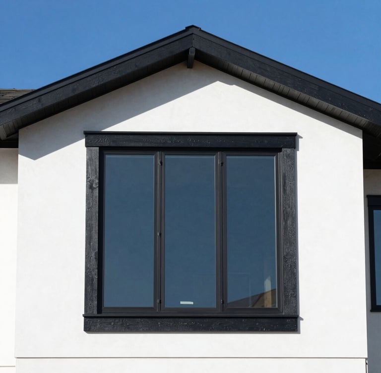 Crisp architectural photography of a modern black-trimmed window installation on a Colorado home, bright natural sunlight, clear blue sky, sharp details