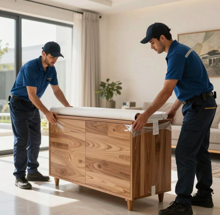 Professional movers in clean uniforms carefully double-wrapping the corners of a wooden cabinet with heavy-duty protective materials inside a bright Abu Dhabi villa.