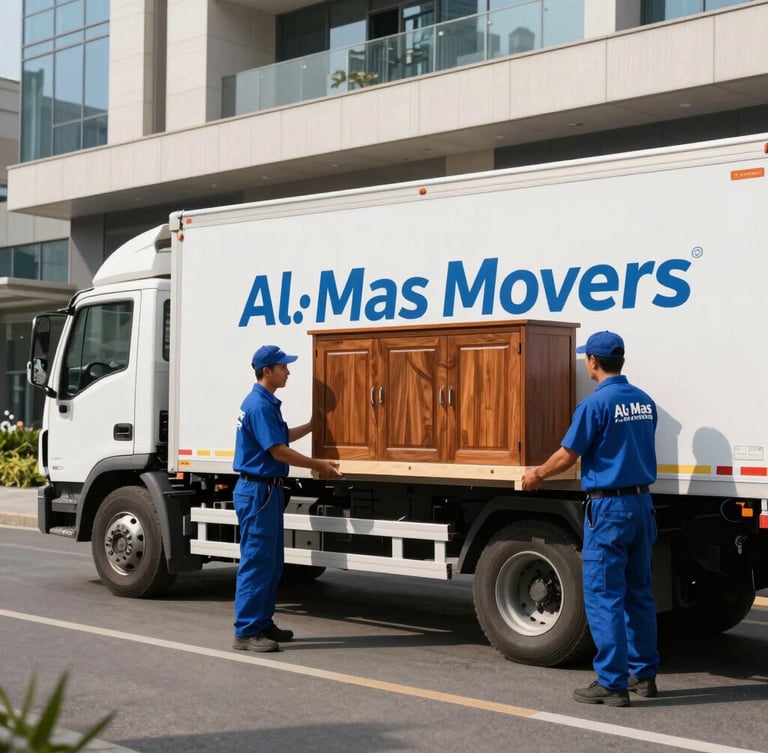 Wide panoramic shot of a clean, branded Al Mas Movers truck parked in a modern Khalifa City street, professional movers in blue uniforms double-wrapping a premium wooden cabinet, bright natural daylight.