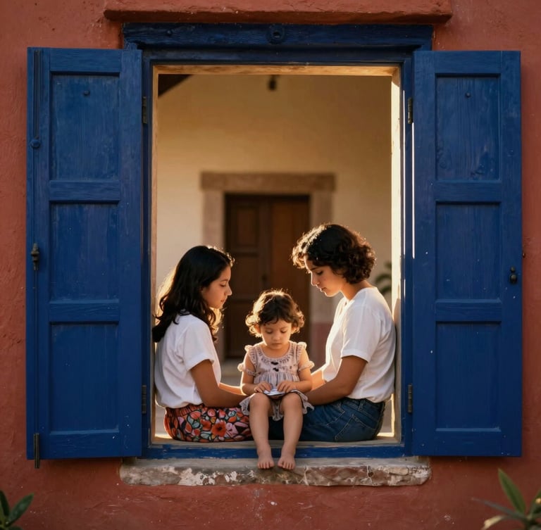 Warm editorial portrait of a serene family sharing a quiet moment in a traditional Oaxacan courtyard, soft golden-hour window light, shallow depth of field, 35mm