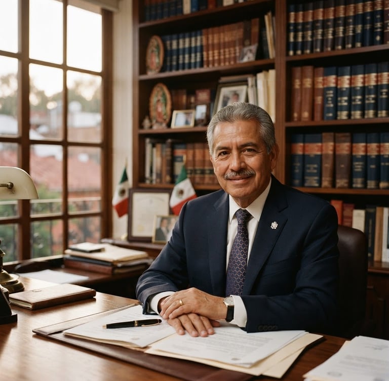 Portrait of a respected Mexican lawyer in a warm office with traditional wooden shelves, soft golden-hour window light, rich deep indigo and terracotta tones, shallow depth of field, 35mm