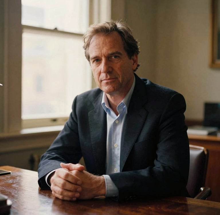 A quiet, professional portrait of Joe Goldman, an experienced business operator in his late 40s, seated at a dark oak desk, warm directional window light, shallow depth of field, 35mm film.
