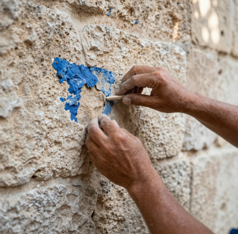 Close-up editorial photo of a local artisan's hands carefully restoring a historic stone wall, soft side lighting, dust particles in the air, authentic Gaziantep heritage, 35mm.