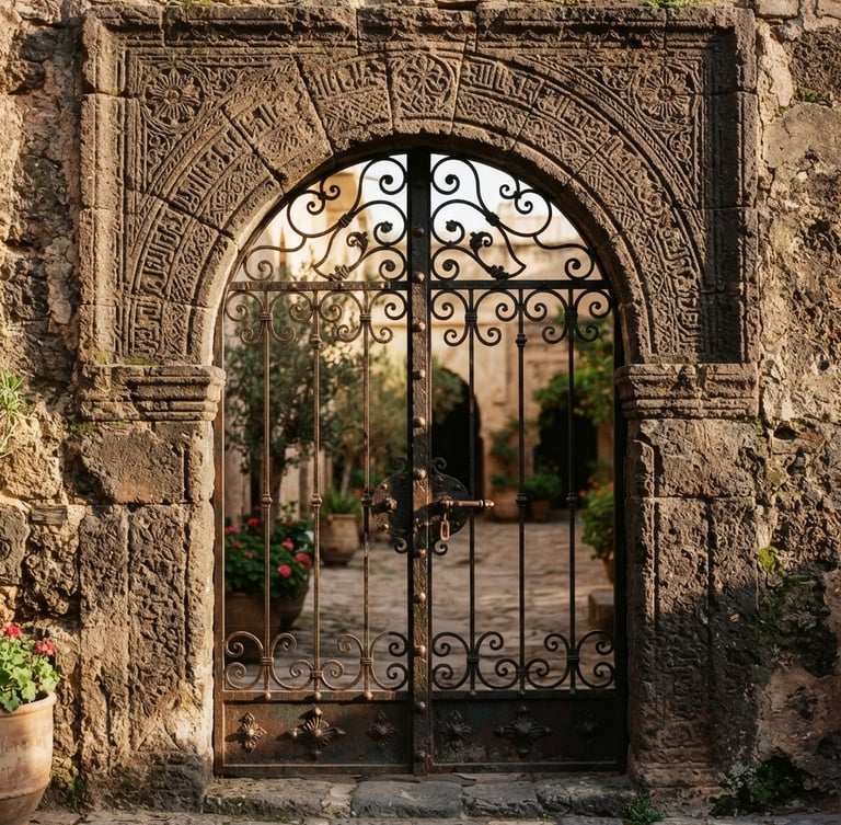 Close-up of a heavy, ancient hand-carved basalt stone archway with a traditional dark iron gate, soft morning sun casting long shadows, warm-toned stone texture, 35mm photography