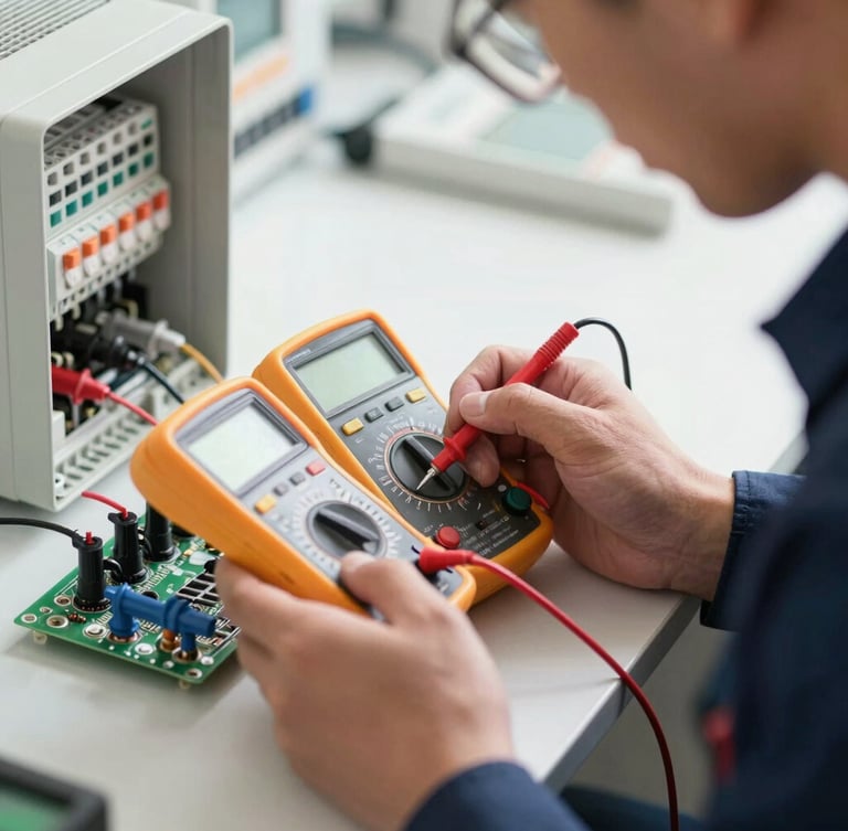 Macro close-up of a technician in a dark blue uniform using a digital multimeter to measure voltage on an appliance control board, bright clean daylight