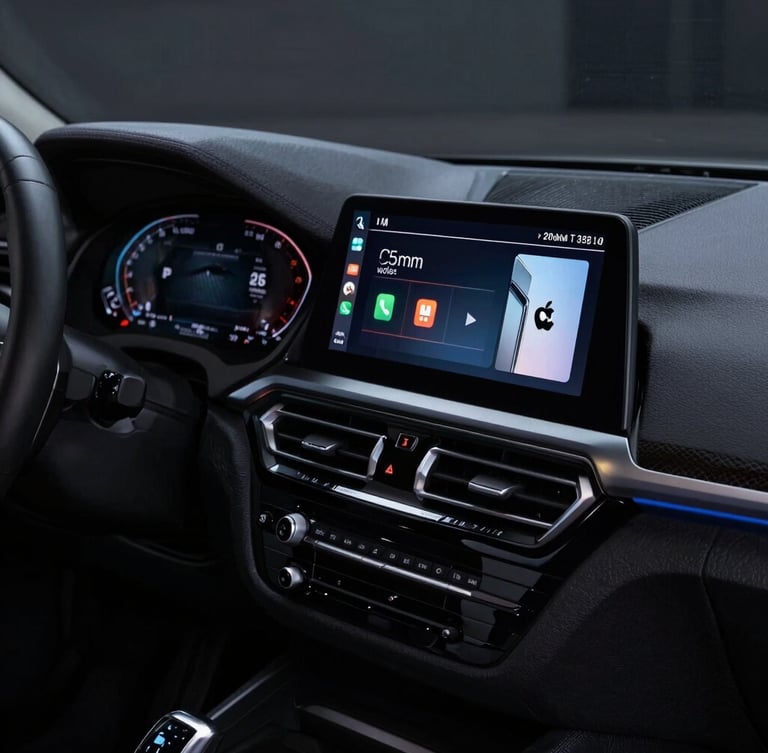 Close-up of a modern high-resolution touchscreen running wireless Apple CarPlay inside a dark BMW F30 cabin, glowing screen light on the dashboard, sharp premium automotive photography, 35mm